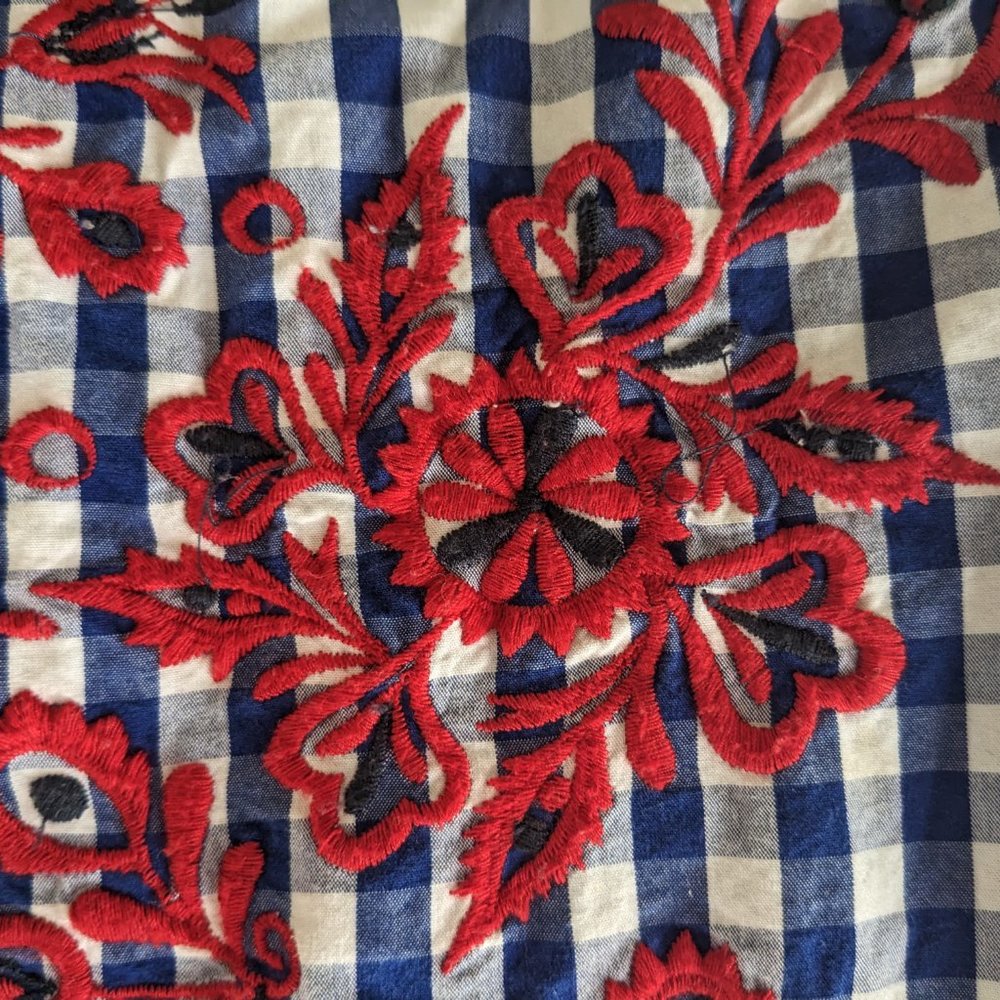 Zara Embroidered Cotton Floral Check Top Ruffle Sleeves Blue White Red Size S - Picture 5 of 5